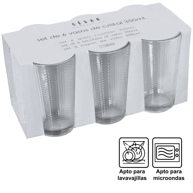 Set de 6 vasos de cristal con textura en su embalaje, apto para lavavajillas y microondas