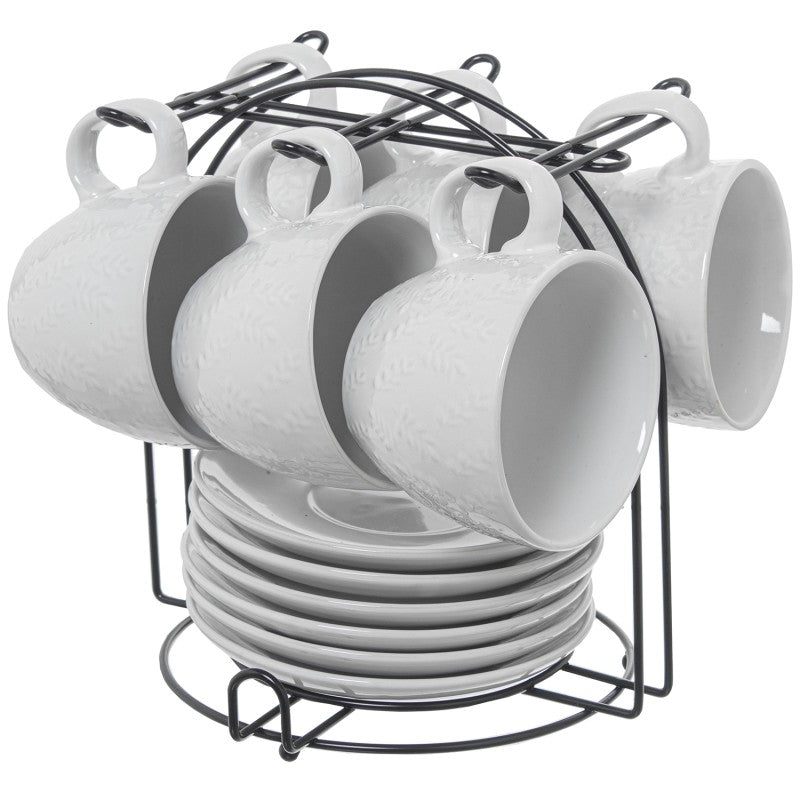 Set de 6 tazas de té de cerámica blanca con relieve floral delicado, con platos a juego y soporte metálico negro