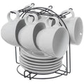Set de 6 tazas de té de cerámica blanca con relieve floral delicado, con platos a juego y soporte metálico negro
