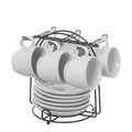 Set de 6 tazas de café blancas con relieve y platos, organizadas en soporte metálico negro