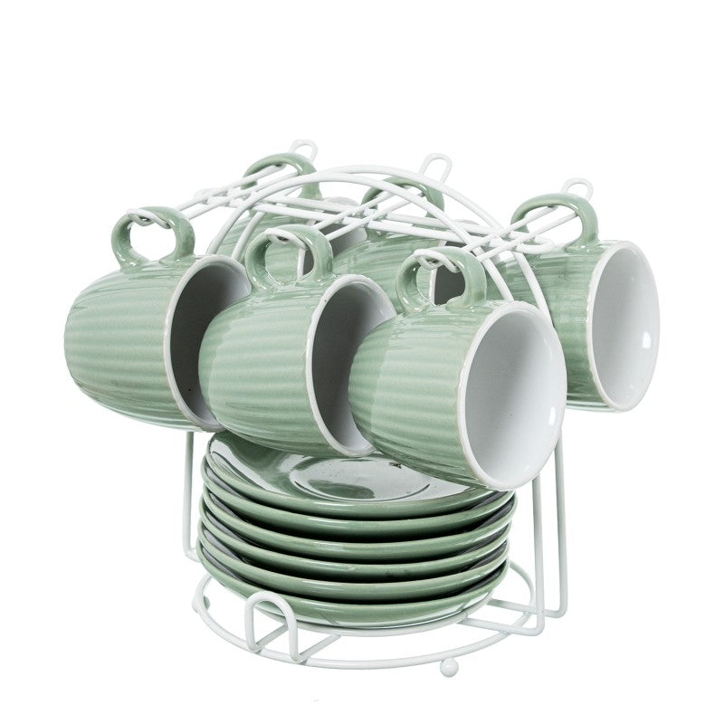 Set de 6 tazas de café verde menta con platos, organizadas en soporte metálico