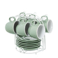Set de 6 tazas de café verde menta con platos, organizadas en soporte metálico