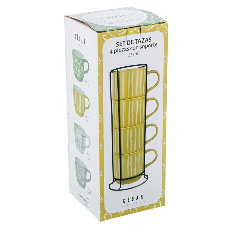 Caja de embalaje del set de 4 mugs de cerámica con soporte metálico, 355ml