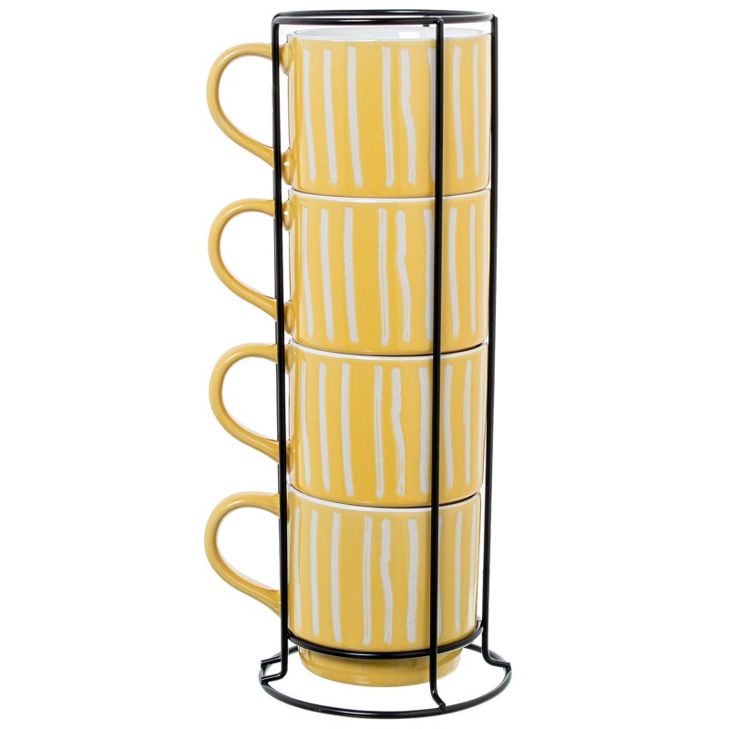 Set de 4 mugs de cerámica amarilla con rayas blancas, apilados en soporte metálico negro