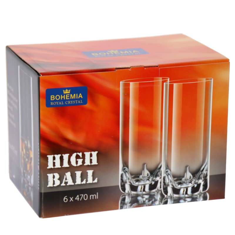 Caja de embalaje original del set de 6 vasos altos de cristal de Bohemia, 470 ml cada uno
