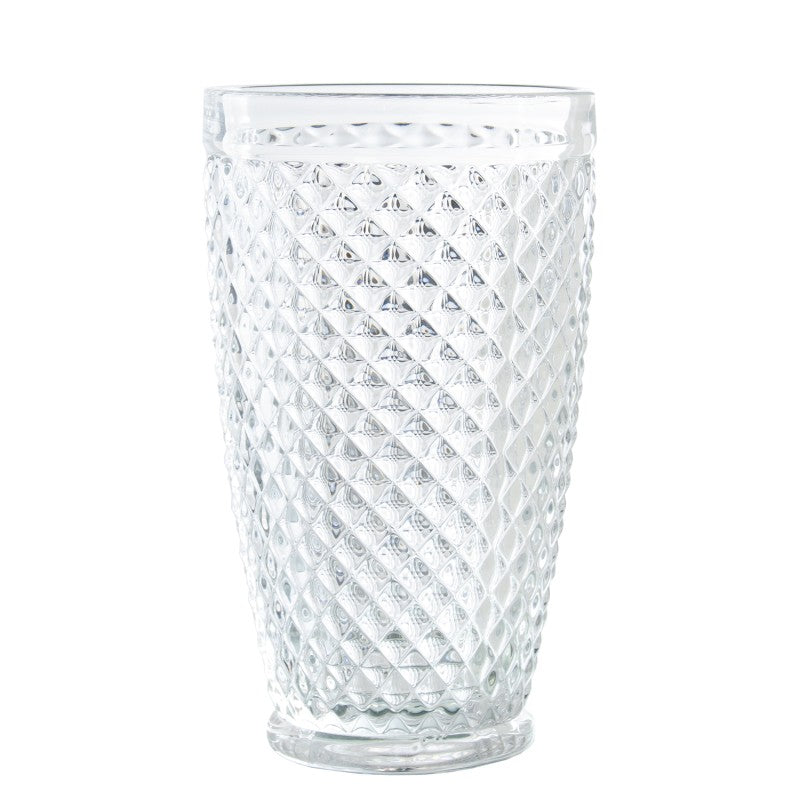 Vaso alto de cristal transparente con relieve deco diamante, 400 ml, sobre fondo blanco