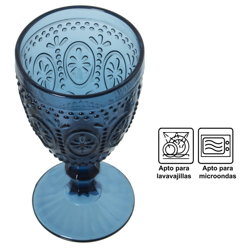 Copa de cristal azul con detalle de diseño floral, apta para lavavajillas y microondas