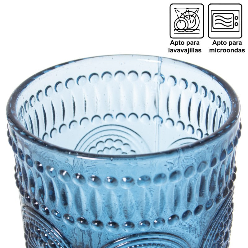 Vista superior del vaso de cristal azul con relieve geométrico, apto para lavavajillas y microondas