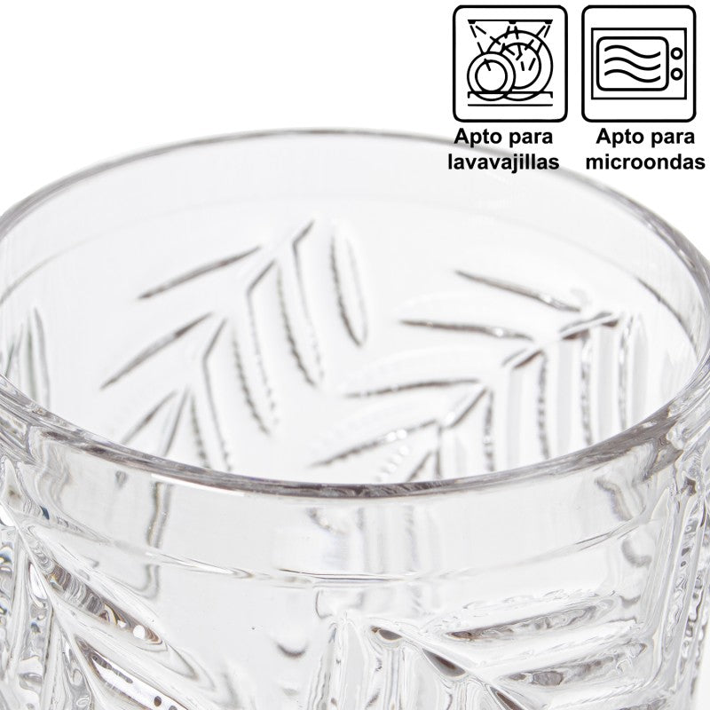 Vista superior del vaso de cristal con relieve de hojas, apto para lavavajillas y microondas