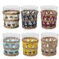 Pack de 6 vasos bajos de cristal con funda de mimbre en varios colores: blanco, azul marino, rojo, celeste, amarillo y natural