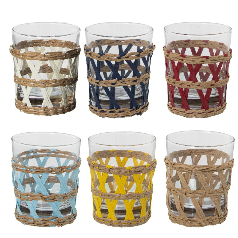 Pack de 6 vasos bajos de cristal con funda de mimbre en varios colores: blanco, azul marino, rojo, celeste, amarillo y natural