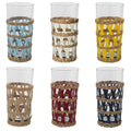 Pack de 6 vasos altos de cristal con funda de mimbre en varios colores: azul, blanco, amarillo, natural, granate y azul marino