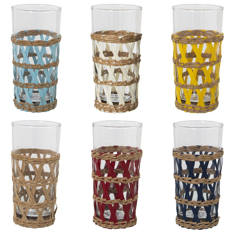 Pack de 6 vasos altos de cristal con funda de mimbre en varios colores: azul, blanco, amarillo, natural, granate y azul marino