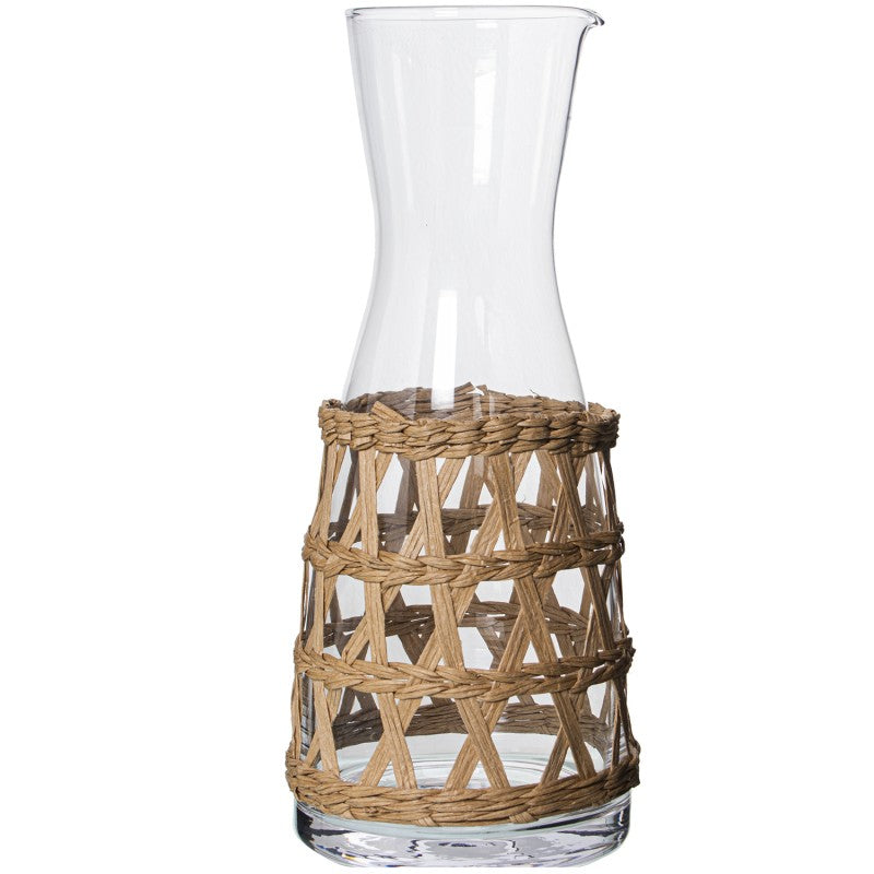 Decantador de cristal transparente con funda de mimbre natural, capacidad 850 ml