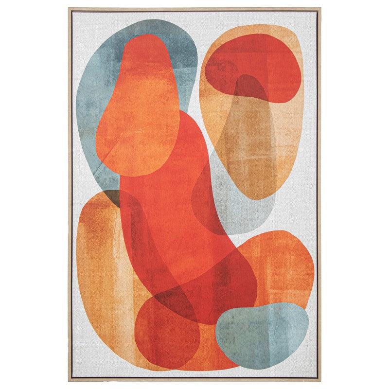 Cuadro lienzo abstracto con formas orgánicas en naranja, rojo, azul y beige, 80x120 cm