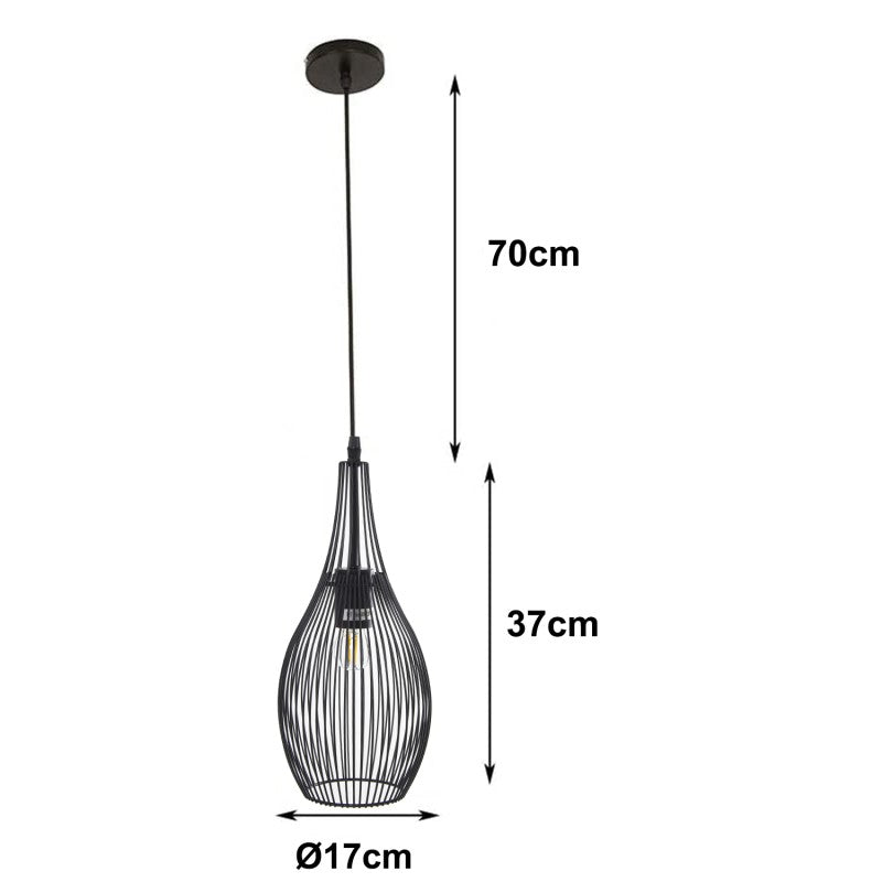 Diagrama de medidas de la lámpara de techo forma de gota: 70cm de cable, 37cm de altura y 17cm de diámetro