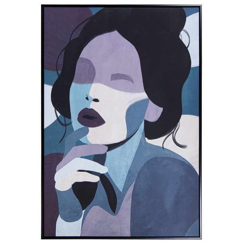 Cuadro lienzo con rostro femenino abstracto en tonos azul, lila y violeta, 80x120 cm