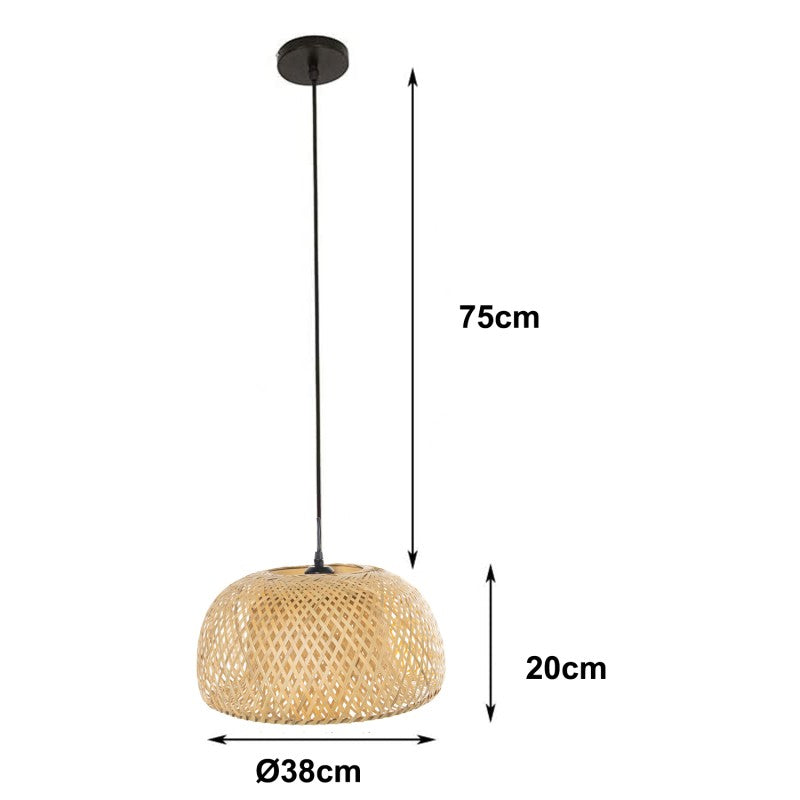 Diagrama de medidas de la lámpara de techo de bambú: 75cm de cable, 20cm de altura y 38cm de diámetro