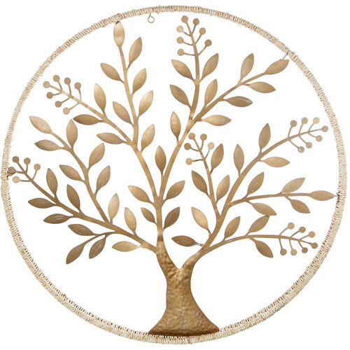 Adorno de pared de metal con forma de árbol de la vida en dorado envejecido, círculo de Ø80 cm