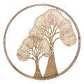 Adorno de pared en madera y metal dorado con dos árboles estilizados en marco circular, Ø61 cm