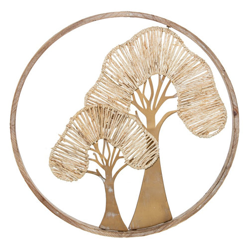 Adorno de pared en madera y metal dorado con dos árboles estilizados en marco circular, Ø61 cm