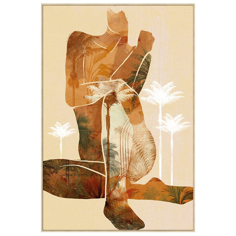 Cuadro lienzo boho con silueta femenina en tonos tierra y motivos tropicales, 80x120 cm