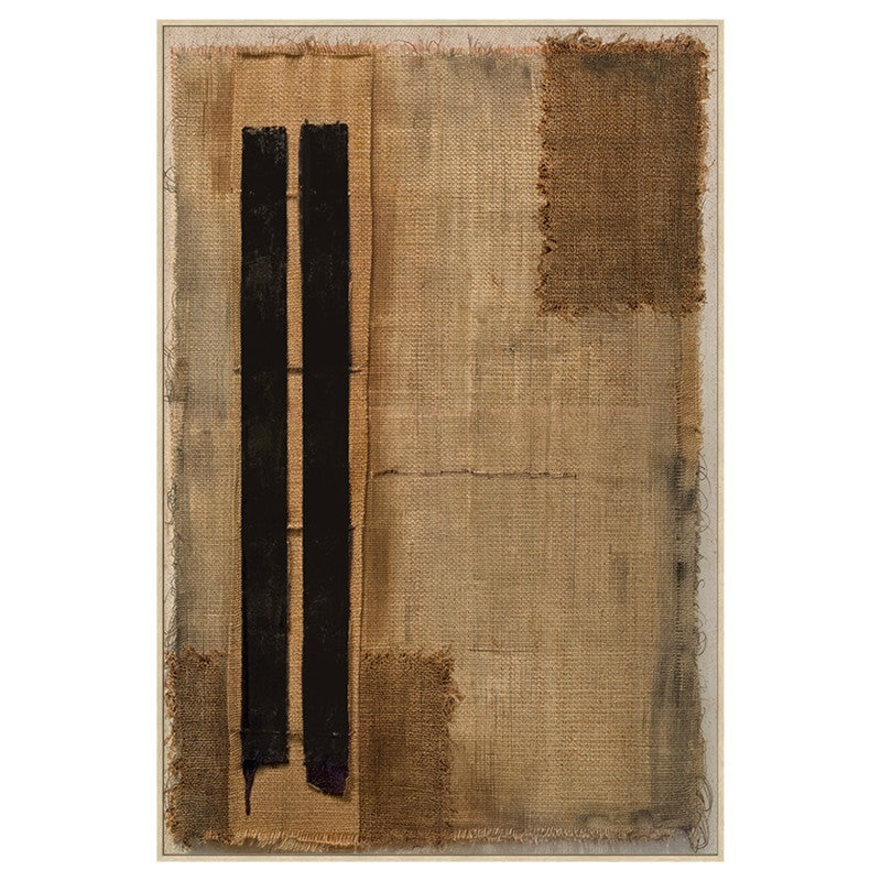 Cuadro lienzo abstracto con dos trazos negros verticales sobre fondo tono tierra texturizado, 80x120 cm