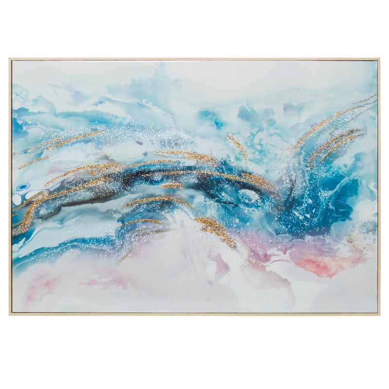 Cuadro lienzo abstracto inspirado en el océano con tonos azules, rosados y destellos dorados, 100x70 cm