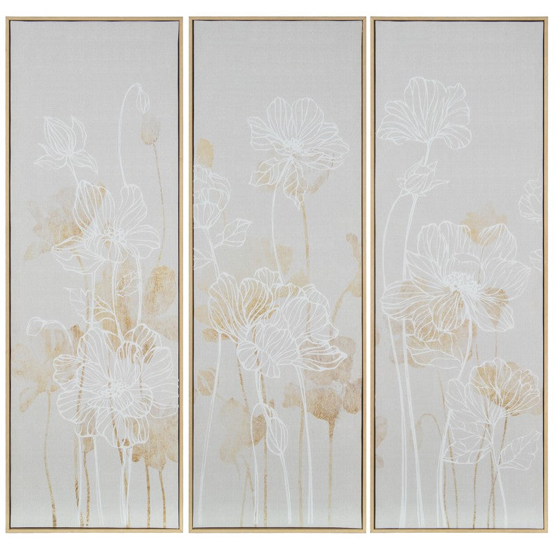 Tríptico de 3 cuadros en lienzo con flores blancas sobre fondo beige, marco de madera clara, 30x90 cm
