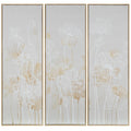 Tríptico de 3 cuadros en lienzo con flores blancas sobre fondo beige, marco de madera clara, 30x90 cm