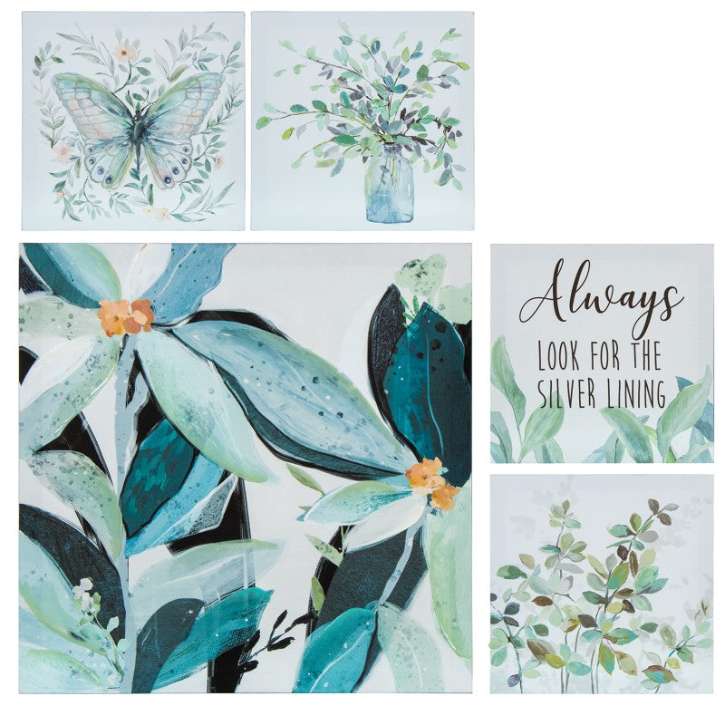 Set de 5 cuadros en lienzo con ilustraciones botánicas, mariposa y frase inspiradora en tonos verde y azul
