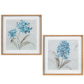 Pack de cuadros en lienzo con flores en tonos azules, marco de madera natural, 50x50 cm