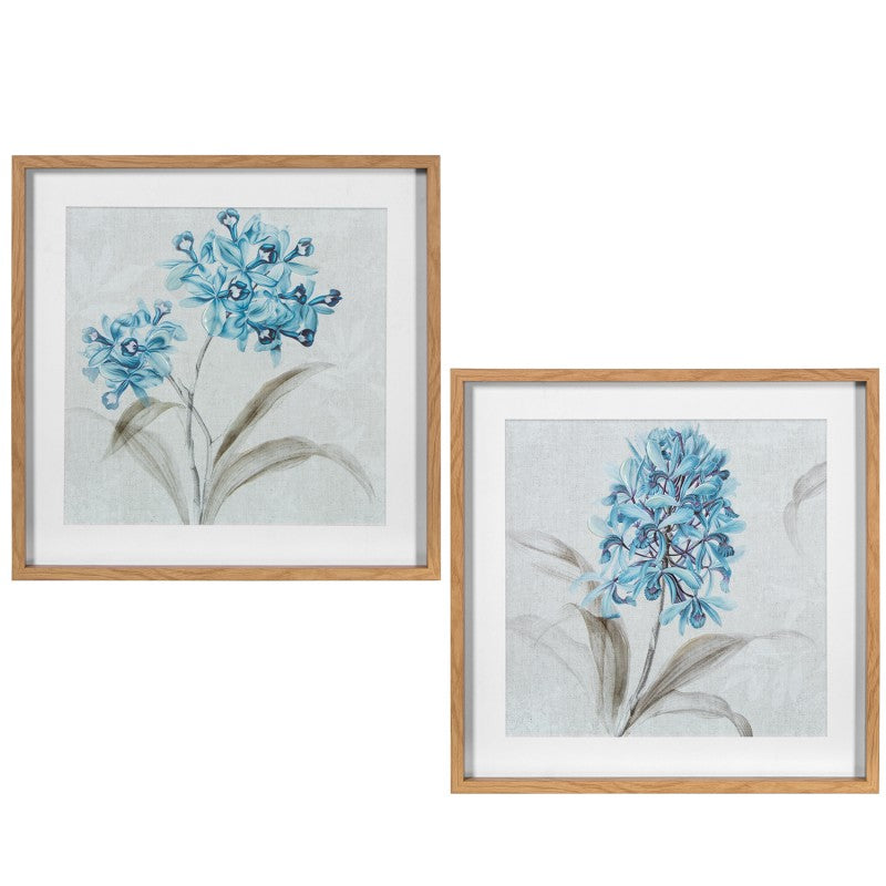 Pack de cuadros en lienzo con flores en tonos azules, marco de madera natural, 50x50 cm