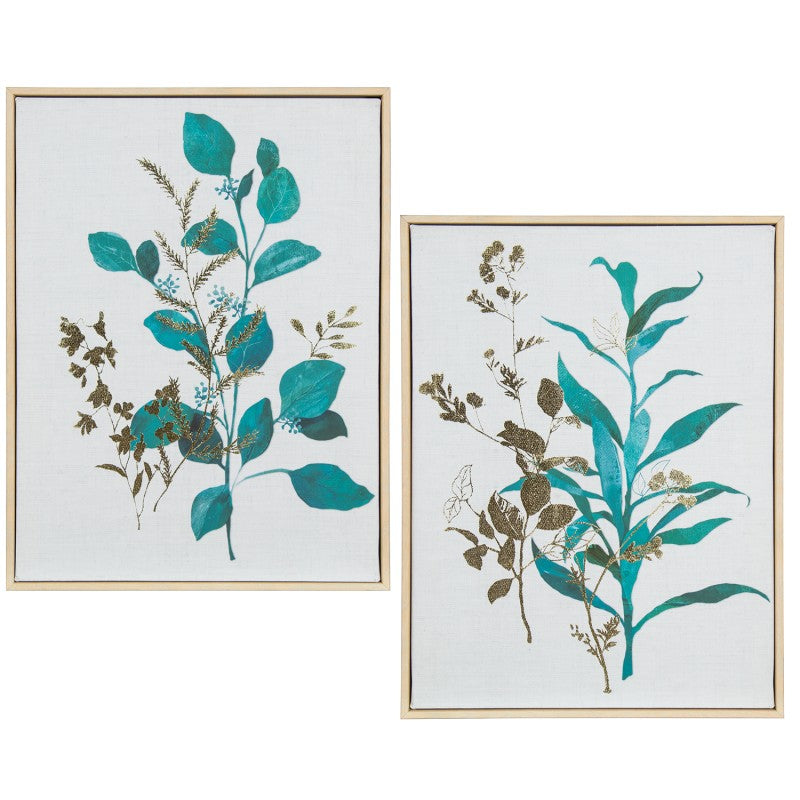 Cuadro en lienzo con ilustraciones botánicas en turquesa y detalles dorados, marco de madera natural, 30x40 cm