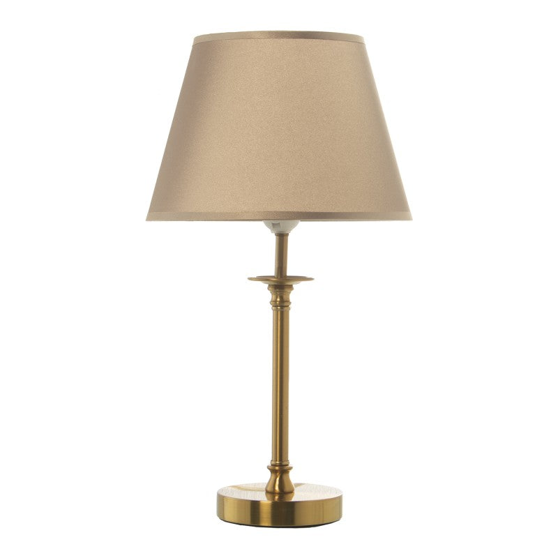 Lámpara de sobremesa de metal color bronce con base torneada y pantalla trapezoidal a juego, vista frontal