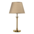 Lámpara de sobremesa de metal color bronce con base torneada y pantalla trapezoidal a juego, vista frontal