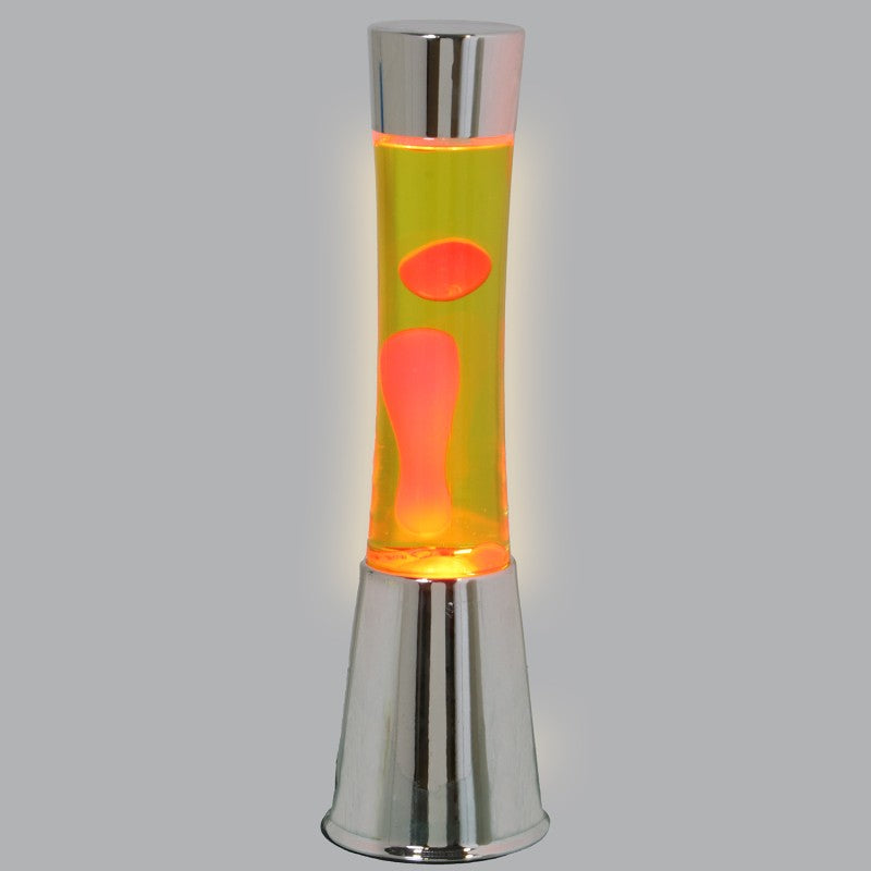Lámpara de lava encendida con brillo cálido, líquido amarillo y lava naranja en movimiento