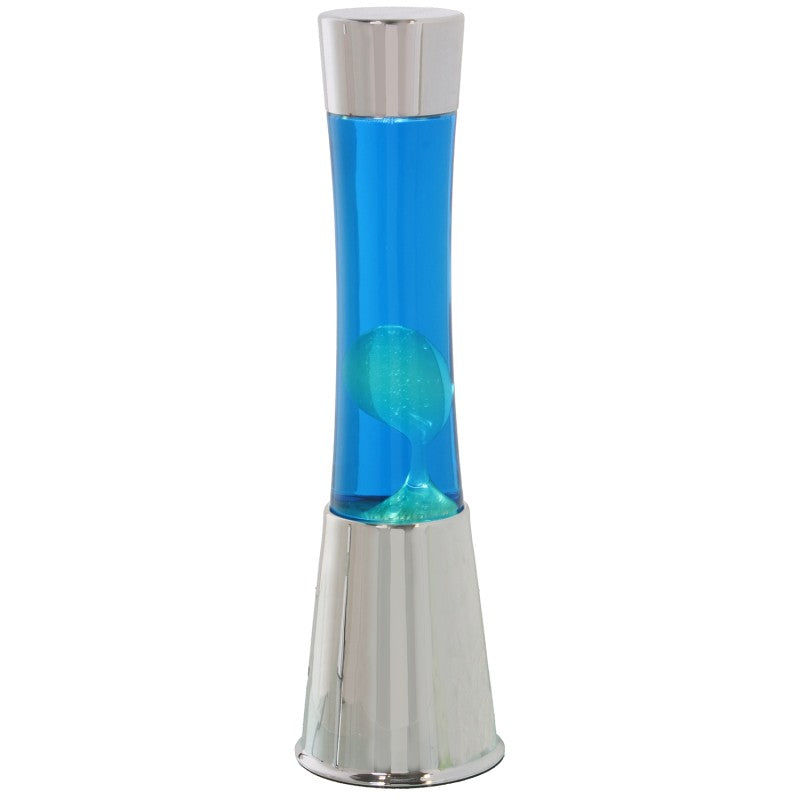 Lámpara de lava metálica con líquido azul y burbujas blancas, sobre fondo blanco