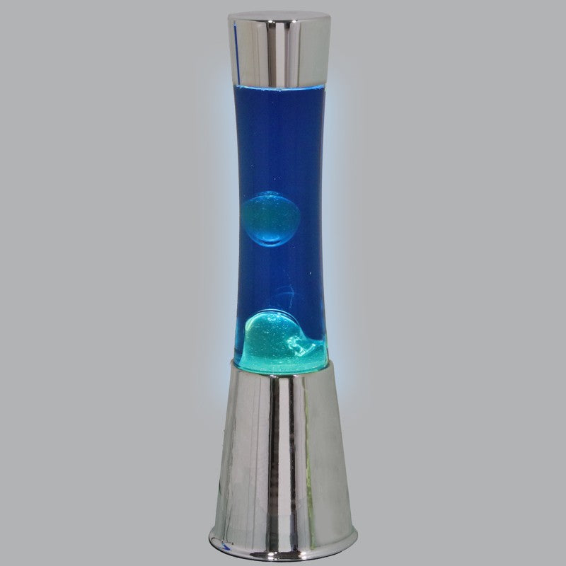 Lámpara de lava encendida con brillo suave, líquido azul y burbujas blancas en movimiento