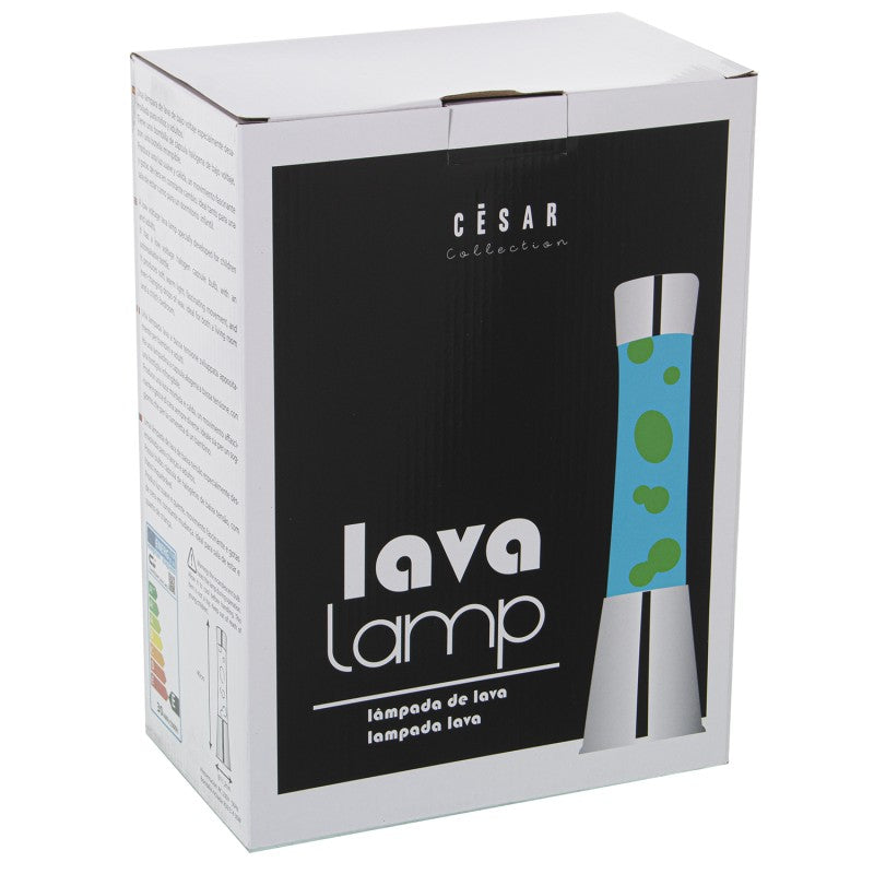 Caja de embalaje de la lámpara de lava César Collection con diseño azul y blanco