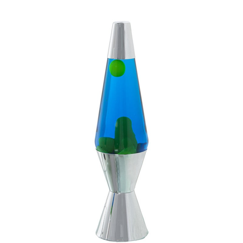 Lámpara de lava metálica con líquido verde y azul, sobre fondo blanco