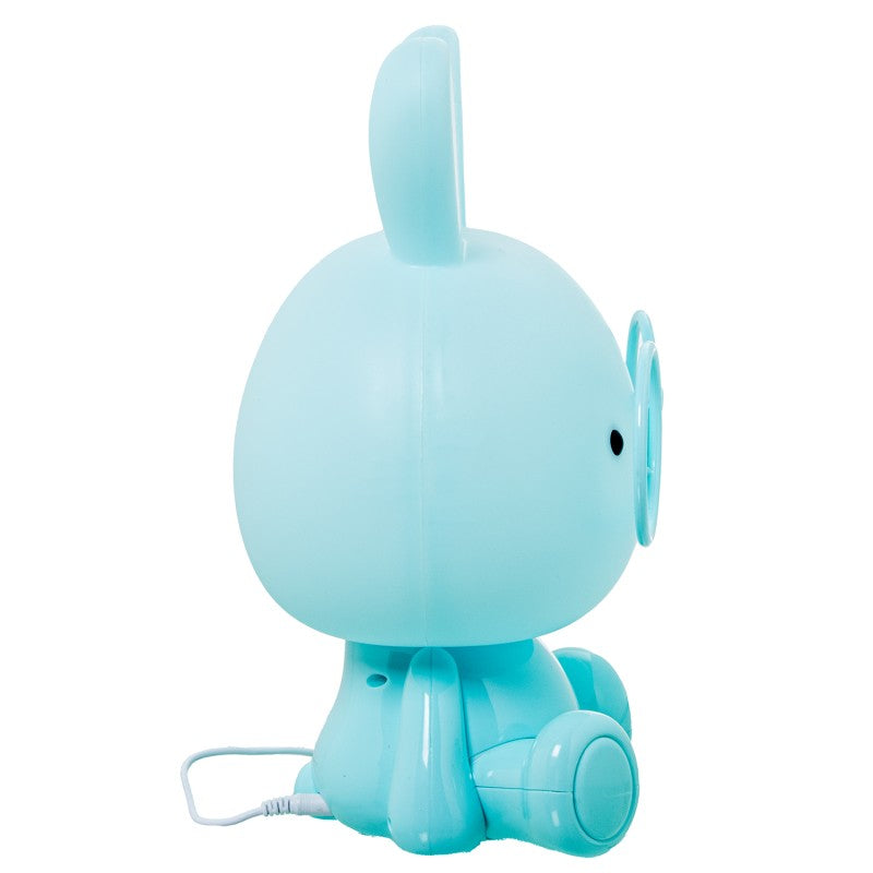 Vista trasera de la lámpara conejo azul mostrando el cable de conexión USB