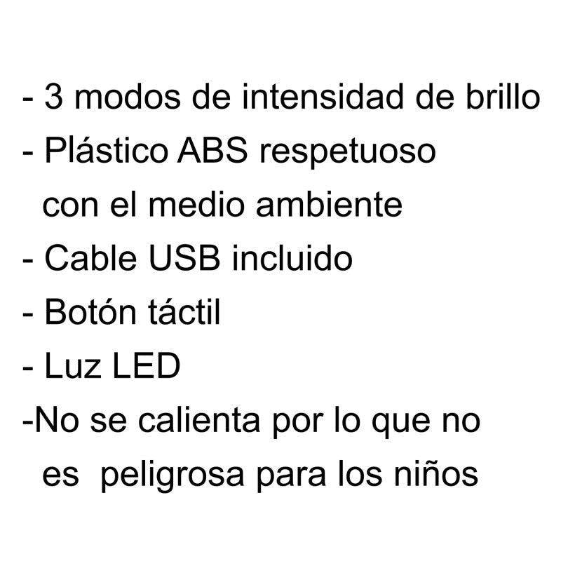 Infografía con características principales de la lámpara LED conejo rosa: 3 niveles de brillo, USB, botón táctil