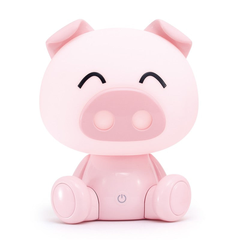 Lámpara LED con forma de cerdito rosa sentado, ojos cerrados y expresión tierna