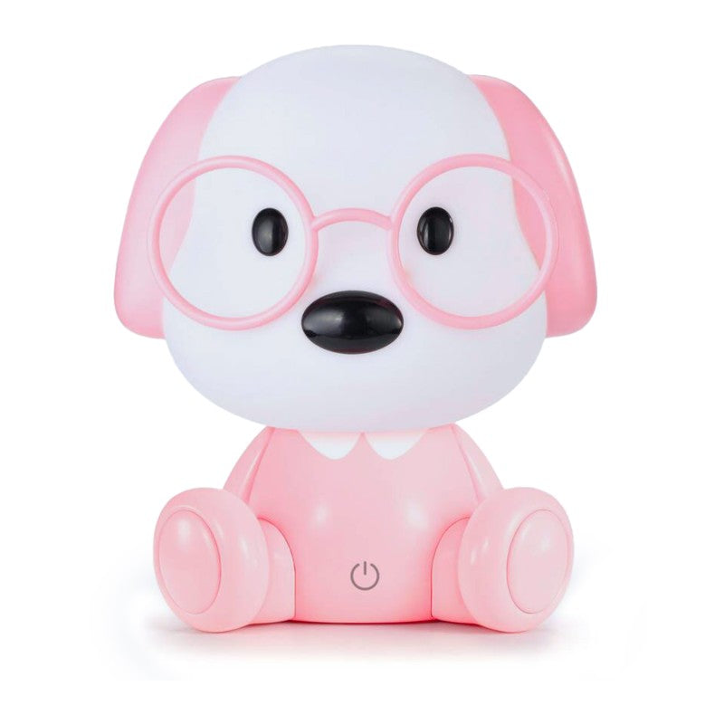 Lámpara LED con forma de perrito rosa con gafas y botón táctil