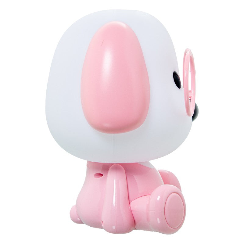 Vista trasera de la lámpara perrito rosa mostrando el cable de conexión USB