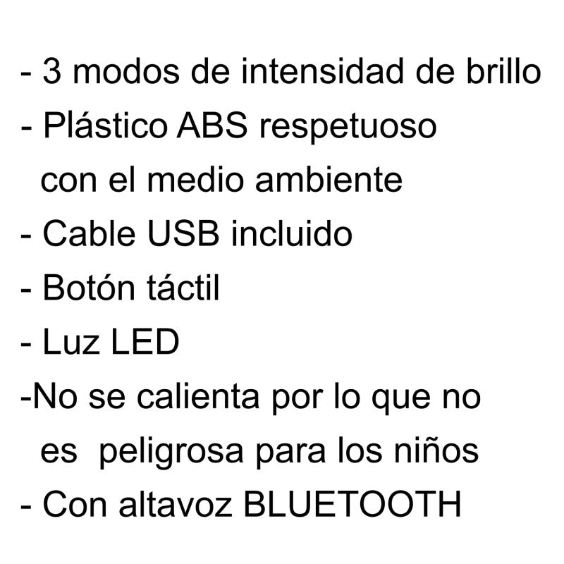 Infografía con características principales de la lámpara LED conejo azul: 3 niveles de brillo, USB, botón táctil, altavoz Bluetooth