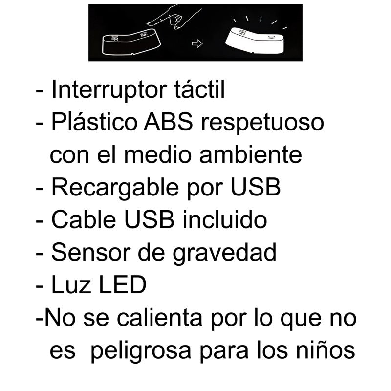 Infografía con características principales de la luz nocturna LED On-off: interruptor táctil, sensor de gravedad, recargable por USB