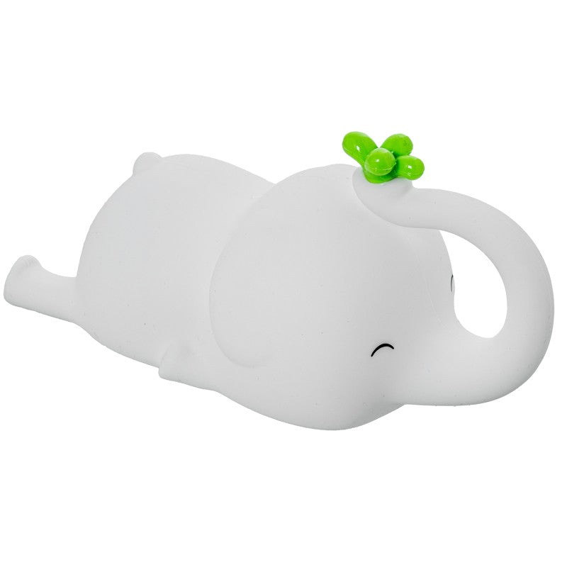 Luz nocturna LED de silicona con forma de elefante blanco y hojas verdes en la trompa