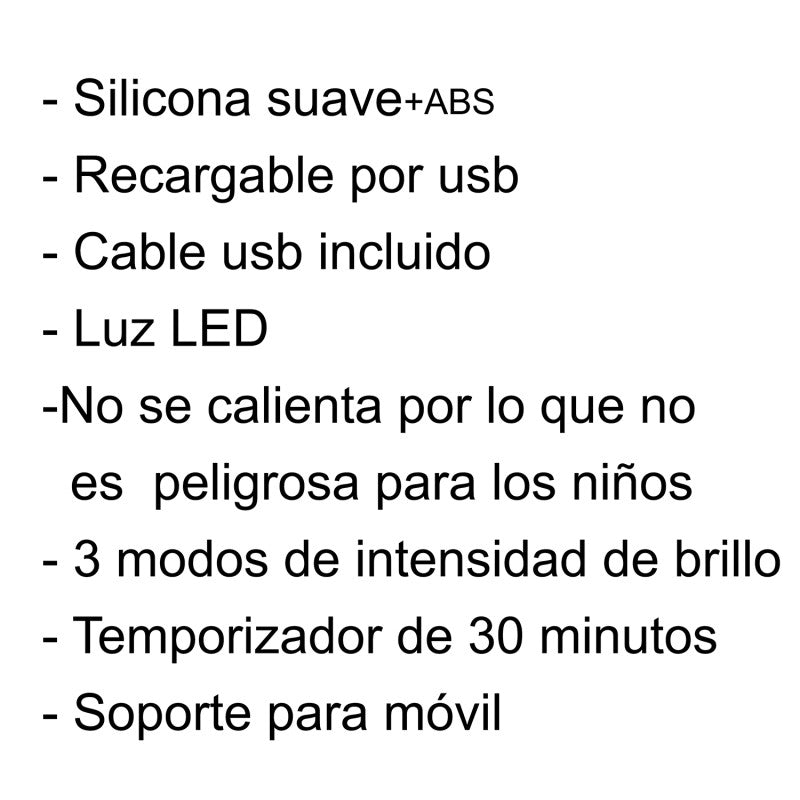Lista de características de la luz nocturna: silicona suave, recargable por USB, 3 modos de brillo y soporte para móvil